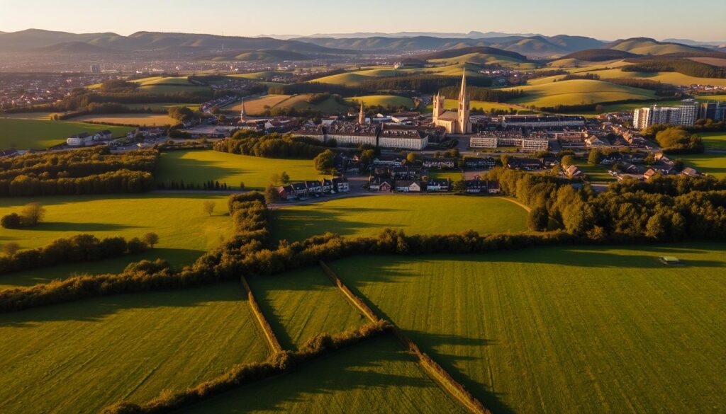 A sweeping aerial view of a picturesque countryside landscape, with lush green meadows dotted with patches of dense forests. In the foreground, a series of neatly organized residential lots, their boundaries clearly demarcated, awaiting future development. The middle ground features a bustling town, its skyline punctuated by the spires of historic churches and the sleek silhouettes of modern high-rises. The background is dominated by rolling hills, their slopes undulating gracefully, offering a glimpse of the potential for expansion and growth. The scene is bathed in warm, golden light, casting long shadows and creating a sense of tranquility and opportunity. The overall mood conveys the promise of new beginnings and the value of prime real estate in this desirable location.