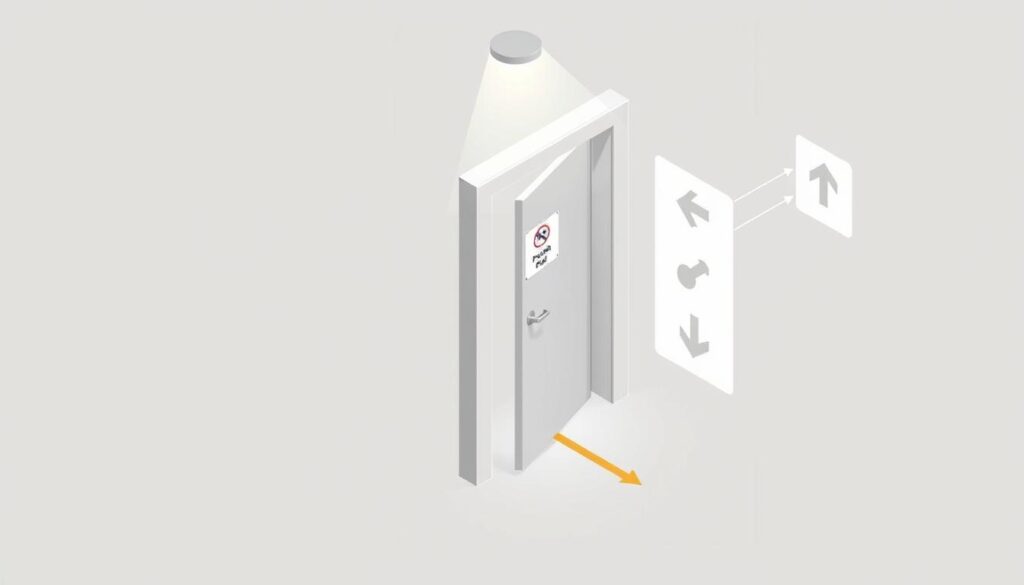 A technical illustration showcasing the standard regulations for door opening direction, as mandated by building codes. The image depicts a cutaway view of a doorway, with clear arrows and signage indicating the proper "push" and "pull" directions. The scene is rendered in a clean, technical style with muted colors, precise line work, and an exploded isometric perspective to highlight the essential details. Subtle lighting from above casts soft shadows, emphasizing the dimensional aspects. The overall tone is informative and instructional, designed to educate viewers on the legal requirements for safe and compliant door installation.