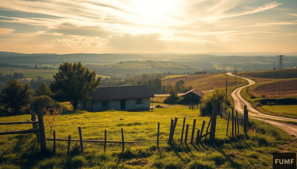 A tranquil rural scene of a small, affordable plot of land, nestled amidst lush greenery and rolling hills. The foreground showcases the plot's boundaries, delineated by a low, weathered wooden fence. The middle ground features a charming, simple cottage, its traditional architecture and modest scale hinting at the property's value. The background is dominated by a panoramic vista of picturesque countryside, with a hint of a winding dirt road leading towards the horizon. Warm, golden sunlight filters through wispy clouds, casting a soft, inviting glow over the entire scene. The overall mood is one of serenity, opportunity, and the potential for a new beginning.