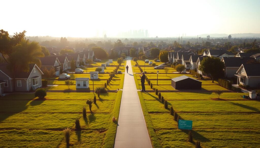 A tranquil suburban neighborhood, with rows of neatly plotted residential lots in the foreground. The sun casts a warm, golden glow, illuminating the lush greenery and well-manicured lawns. In the middle ground, a real estate agent stands, clipboard in hand, gesturing towards a selection of lots for sale. The background features a hazy city skyline, hinting at the potential for development and growth. The overall scene conveys a sense of opportunity, as the viewer is invited to envision the possibilities of acquiring and reselling these coveted parcels of land within the year.