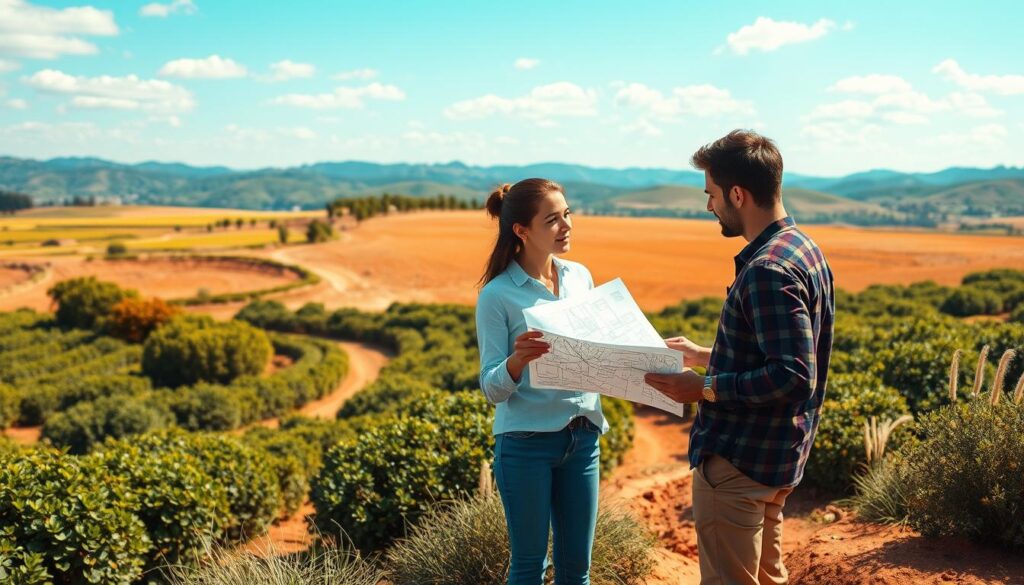 A vibrant, sun-drenched landscape featuring a sprawling, well-manicured plot of land. In the foreground, a young couple stands, deep in discussion, examining a detailed survey map. Their faces are filled with a sense of anticipation and careful consideration. The middle ground showcases the plot's boundaries, demarcated by lush, verdant foliage and a winding dirt path. In the background, rolling hills and a cloudless azure sky create a serene, picturesque setting, conveying the tranquility and potential of this prospective building site. Crisp, high-resolution details capture the texture of the soil, the patterns of the vegetation, and the earnest expressions of the couple, inviting the viewer to step into their shoes and imagine the possibilities of this promising parcel of land.
