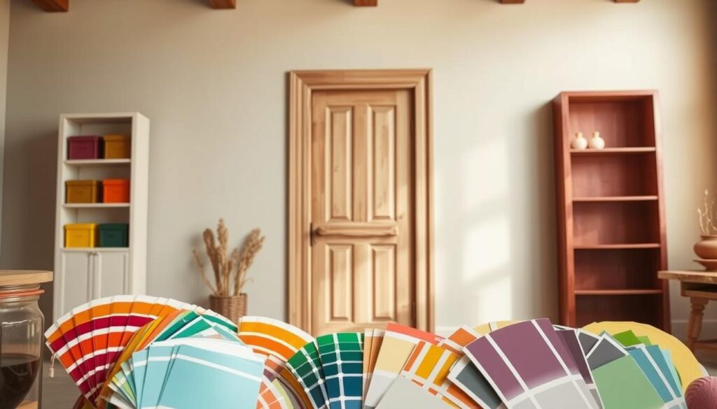 A warm, inviting interior scene showcasing a collection of vibrant paint colors for interior doors. In the foreground, an array of paint swatches and color samples are artfully displayed, inviting the viewer to imagine the endless possibilities. In the middle ground, a wooden door frame stands, its surface ready to be transformed by the perfect color choice. The background features a soft, neutral wall, allowing the paint colors to take center stage. The lighting is soft and natural, creating a cozy, homey atmosphere. The overall composition conveys a sense of creativity, style, and the joy of personalizing one's living space through the power of color. A warm, inviting interior scene showcasing a collection of vibrant paint colors for interior doors. In the foreground, an array of paint swatches and color samples are artfully displayed, inviting the viewer to imagine the endless possibilities. In the middle ground, a wooden door frame stands, its surface ready to be transformed by the perfect color choice. The background features a soft, neutral wall, allowing the paint colors to take center stage. The lighting is soft and natural, creating a cozy, homey atmosphere. The overall composition conveys a sense of creativity, style, and the joy of personalizing one's living space through the power of color.