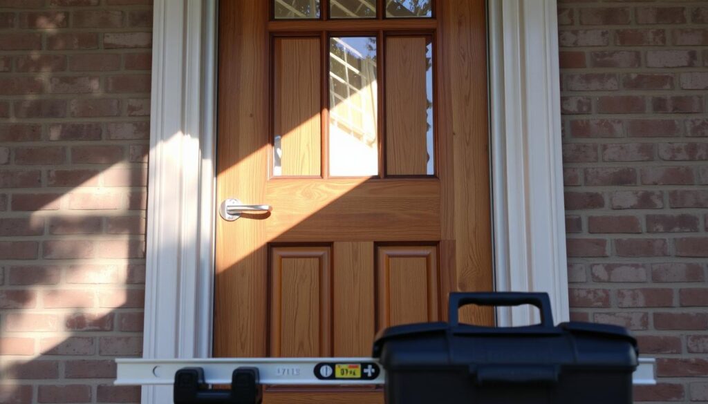 A well-balanced exterior door, its sturdy frame standing firm against the elements. The door's hinges and latch mechanism meticulously adjusted, ensuring a smooth, secure closure. Sunlight filters through the glass panes, casting a warm glow across the weathered wood grain. In the foreground, a toolbox and level lay ready, hinting at the care and precision required to perfectly align this entryway. The background features a brick wall, subtly framing the scene and suggesting the door's integration into the larger architectural design. This image captures the essence of the delicate adjustments needed to properly balance an exterior door, a crucial step in ensuring its long-lasting function and aesthetic appeal.