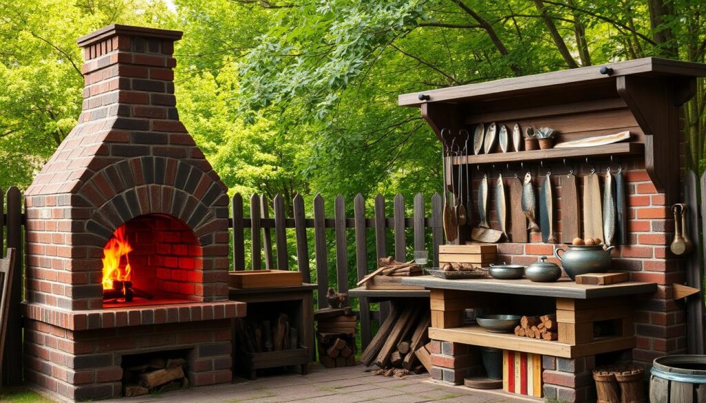 A well-crafted, rustic smokehouse fireplace nestled in a tranquil outdoor setting. A sturdy, brick-built structure with a large, open hearth dominates the foreground, its warm, flickering flames casting a soft, amber glow. Surrounding the fireplace, a neatly organized arrangement of wooden shelves and hooks, ready to accommodate the delicious smoked meats and fish. The midground features a charming, wooden fence, blending seamlessly with the lush, verdant foliage that fills the background, creating a peaceful, pastoral atmosphere. Subtle details, such as the weathered texture of the bricks and the gentle wisp of smoke, add authenticity to the scene. Crisp, natural lighting illuminates the entire composition, capturing the rustic, artisanal essence of this traditional smokehouse setup.