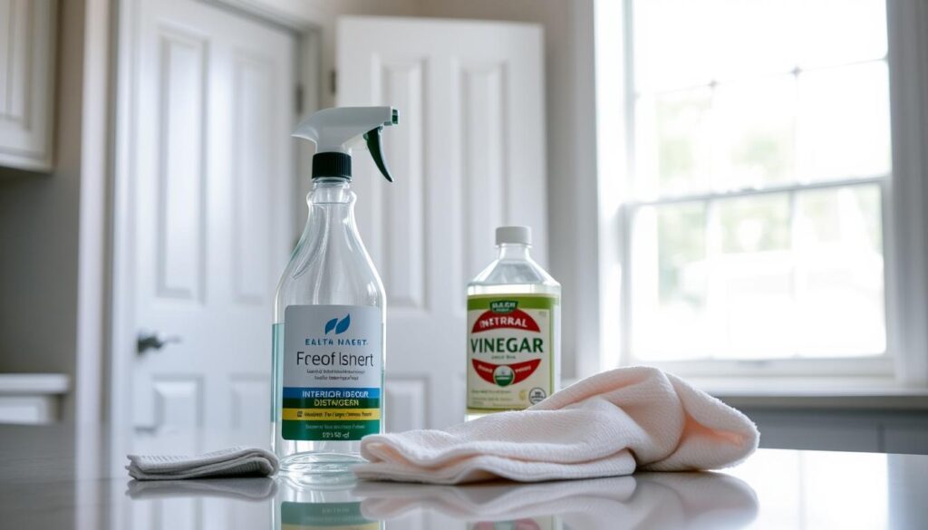 A well-lit, clean, and organized kitchen countertop. In the foreground, a selection of safe and effective cleaning products for interior doors, including a mild detergent, a soft microfiber cloth, and a natural vinegar-based solution. In the middle ground, a pristine white wooden door, reflecting the clean and inviting atmosphere. The background features a bright, airy window, letting in natural light and creating a sense of freshness and cleanliness. The overall scene conveys a sense of care, attention to detail, and a commitment to using safe and responsible cleaning methods for delicate surfaces like interior doors. A well-lit, clean, and organized kitchen countertop. In the foreground, a selection of safe and effective cleaning products for interior doors, including a mild detergent, a soft microfiber cloth, and a natural vinegar-based solution. In the middle ground, a pristine white wooden door, reflecting the clean and inviting atmosphere. The background features a bright, airy window, letting in natural light and creating a sense of freshness and cleanliness. The overall scene conveys a sense of care, attention to detail, and a commitment to using safe and responsible cleaning methods for delicate surfaces like interior doors.