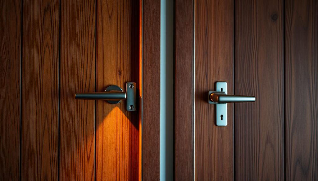A well-lit close-up shot of two wooden doors, one on the left and one on the right, illuminated by warm directional lighting from the side. The doors have distinct textures, grains, and hardware, highlighting their differences. The background is slightly blurred, drawing the viewer's attention to the contrasting doors. The image conveys a sense of comparison and decision-making, inviting the viewer to consider the unique qualities of each door.