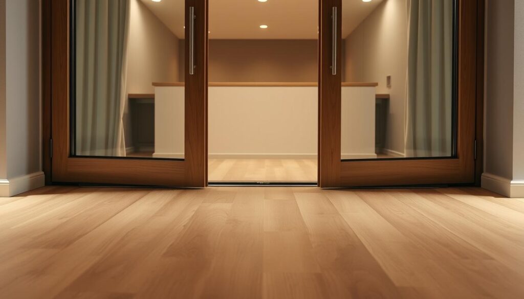 A well-lit, close-up view of high-quality wood or laminate panels installed beneath a set of elegant, modern balcony doors. The panels are flush with the floor, seamlessly transitioning from the interior to the exterior. The materials have a warm, natural texture, complementing the sleek, minimalist design of the doors. The lighting is soft and diffused, creating a subtle, inviting atmosphere. The angle captures the panels in detail, highlighting their clean lines and precise installation. The overall composition emphasizes the cohesive, high-end aesthetic of the balcony entrance.