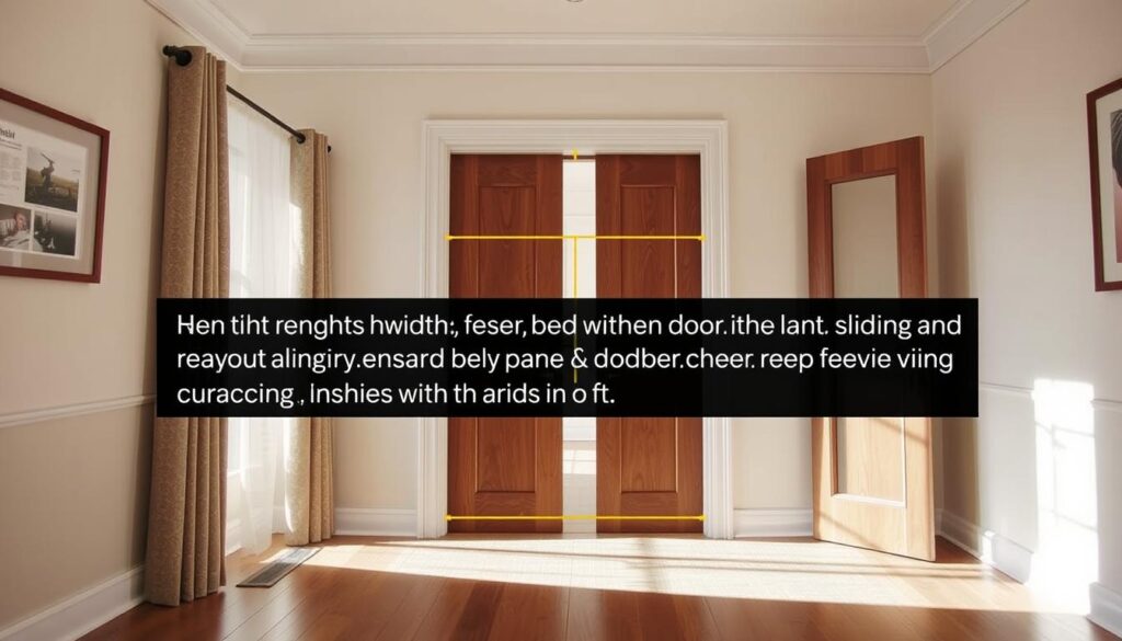 A well-lit, detailed interior room showing the proper measurement and selection process for sliding doors. The camera angle should be at eye level, capturing the doorway and surrounding elements in sharp focus. Showcase the key dimensions and layout considerations, such as the rough opening width, door panel widths, and clearance requirements. Include subtle visual cues like a tape measure, ruler, or architectural plans to convey the technical nature of the subject. The overall mood should be informative and instructional, with a clean, minimalist aesthetic that highlights the core concepts.