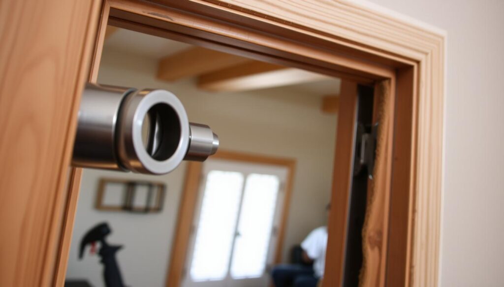 A well-lit, high-angle view of a wooden door frame, showcasing the process of installing a door lock cylinder. The foreground features the lock cylinder, its various components, and the necessary tools for the installation. The middle ground depicts the door frame, with the drill holes and the lock mechanism in place. The background provides a subtle, out-of-focus glimpse of the surrounding room, creating a sense of depth and context. The image should convey a sense of step-by-step instruction, with a clean, professional aesthetic suitable for a how-to guide on door lock installation.