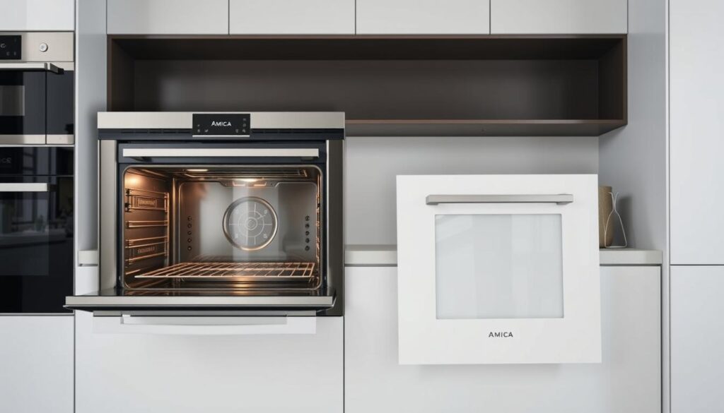 A well-lit, high-resolution photograph of a modern oven from the Amica brand, showcasing the process of replacing its front door. The oven is positioned in a clean, minimalist kitchen setting, with the door being carefully removed and a new replacement door ready for installation. The image captures the step-by-step procedure, highlighting the necessary tools and the careful attention required to ensure a seamless replacement. The overall mood is informative and instructional, conveying the ease and practicality of this maintenance task for Amica oven owners.