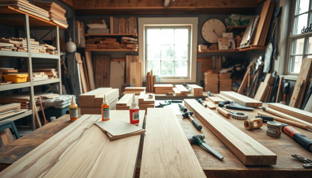 A well-lit, organized workshop scene displaying an assortment of materials needed to construct wooden doors. In the foreground, a selection of freshly sawed wooden planks, sandpaper, wood glue, and a hand saw lie on a sturdy workbench. In the middle ground, various hand tools such as a hammer, screwdriver, and measuring tape are neatly arranged. The background showcases shelves stocked with additional lumber, hinges, and other door-making supplies, bathed in warm, natural lighting from a large window. The overall atmosphere conveys a sense of preparedness and attention to detail, perfectly suited for a step-by-step guide on building wooden doors for a shed.