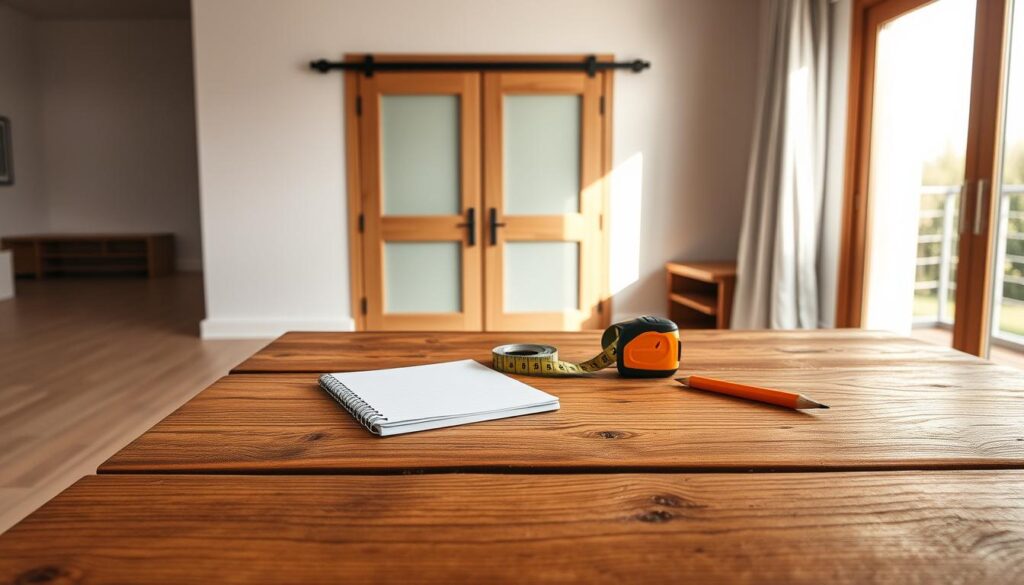 A well-lit, spacious room with a sturdy wooden table in the foreground. On the table, a tape measure, a notepad, and a pencil are neatly arranged, indicating preparation for a measurement task. The middle ground features a set of sliding doors, their frame and hardware visible, suggesting the subject of the measurement. The background showcases a clean, uncluttered space, perhaps a home interior, with subtle natural lighting filtering in through a window, creating a warm, inviting atmosphere. The overall composition conveys a sense of organization, attention to detail, and a methodical approach to the upcoming measurement process.
