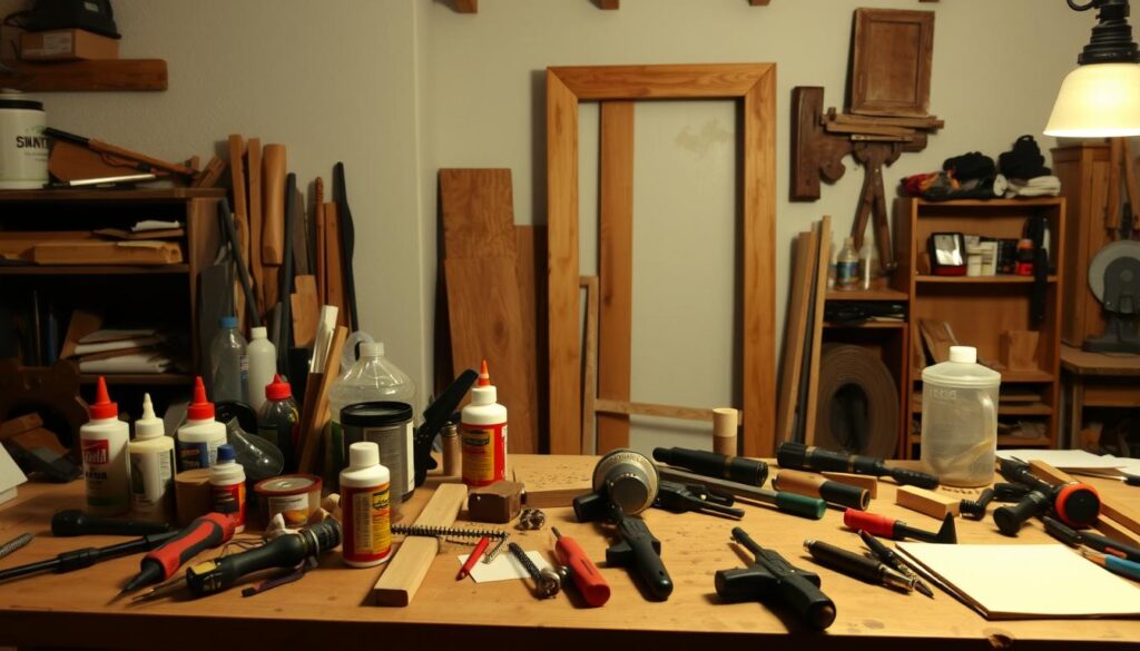 A well-lit workbench in a cozy home workshop, filled with an assortment of carpentry tools and hardware essentials for furniture repair. A variety of wood glue, sandpaper, clamps, and screwdrivers are neatly organized, ready for the meticulous task of fixing a damaged cabinet or chair. The lighting casts a warm, inviting glow, creating an atmosphere of focused craftsmanship. In the background, a partially disassembled wooden door frame stands, awaiting the skilled hands of the furniture restorer. The scene conveys a sense of care, attention to detail, and the satisfaction of taking on a challenging but rewarding project.