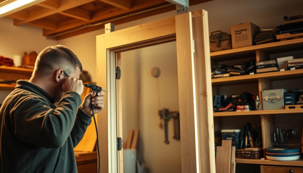 A well-lit workshop interior, showcasing the process of installing an interior door. In the foreground, a skilled craftsman carefully aligns the door hinges, adjusting the tension with precision tools. The middle ground features the partially installed door frame, with the door hanging securely in place. In the background, shelves display an array of hardware and tools, creating a sense of a professional, organized workspace. The lighting is warm and natural, casting subtle shadows that accentuate the textures of the wood and metal components. The overall atmosphere conveys a sense of expertise, attention to detail, and a methodical approach to the task at hand.