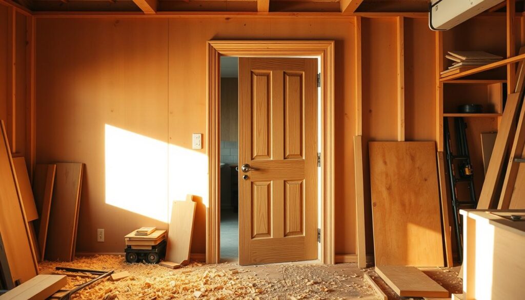 A well-lit workshop interior, the focus on a freshly installed wooden interior door. The door is positioned in an open entryway, partially obscuring the view of the adjacent room. The floor is covered in wood shavings and construction materials, suggesting a recent installation process. Warm, natural lighting filters in from the side, casting soft shadows and highlighting the grain of the wood. The door's hardware, hinges, and trim are clearly visible, showcasing the attention to detail in the installation. The overall atmosphere conveys a sense of pride and accomplishment in a job well done.