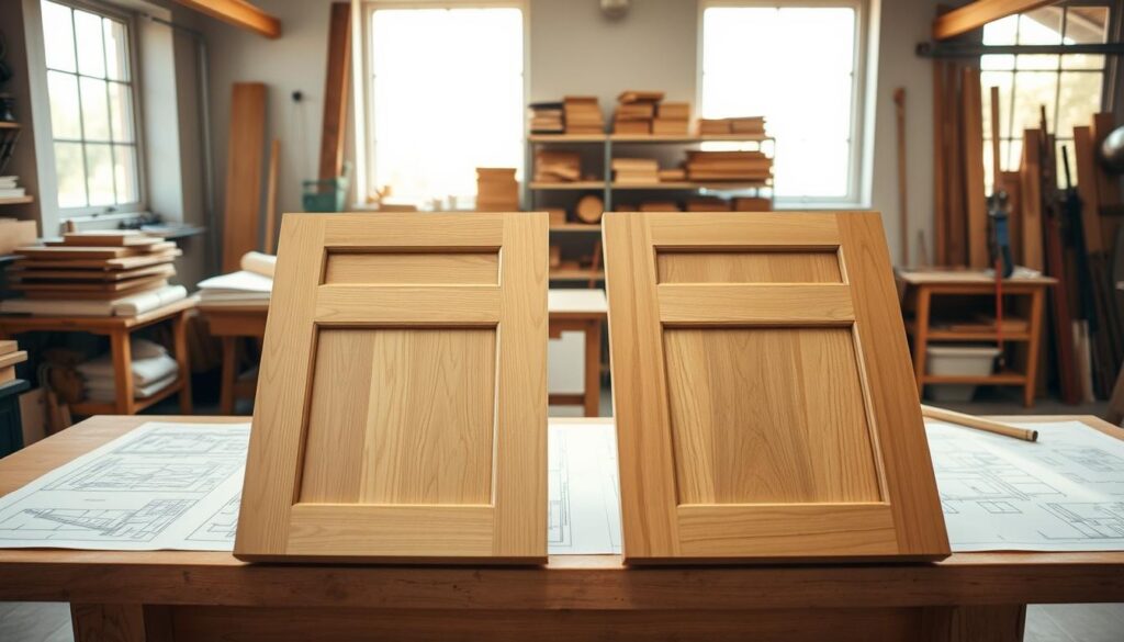 A well-lit workshop interior, with a central wooden workbench covered in drafting tools, sketches, and planning documents. In the foreground, a pair of detailed cabinet door designs, featuring clean lines, elegant hardware, and a mix of natural wood and sleek panels. The background showcases shelves of woodworking supplies, precision measuring instruments, and a large window letting in warm, diffused daylight, creating a sense of focus and inspiration. The overall mood is one of thoughtful, methodical planning and design for a bespoke cabinetry project.