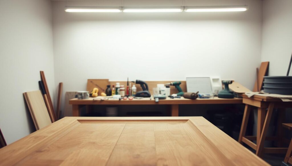 A well-lit workshop interior, with a wooden surface in the foreground undergoing sanding and preparation. Soft, diffused lighting from overhead illuminates the scene, casting gentle shadows and highlighting the texture of the wood. In the middle ground, an assortment of tools, sandpapers, and finishing supplies are neatly arranged, ready for the next steps in the restoration process. The background features a neutral, uncluttered wall, allowing the focus to remain on the hands-on work of preparing the surface. The overall mood is one of calm concentration and attention to detail, reflecting the care and skill required for this stage of the wooden door refinishing project.