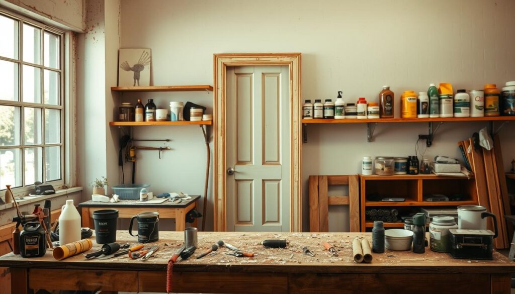 A well-lit workshop scene with a wooden workbench in the foreground, covered in an assortment of tools and materials for preparing a surface. In the middle ground, a sturdy door frame stands upright, awaiting restoration. The background features a wall lined with shelves, holding a variety of paints, solvents, and other finishing supplies. Warm, natural lighting filters in through a large window, casting a soft glow over the entire scene. The overall atmosphere conveys a sense of focused preparation, as if the viewer is about to embark on a meticulous renovation project.