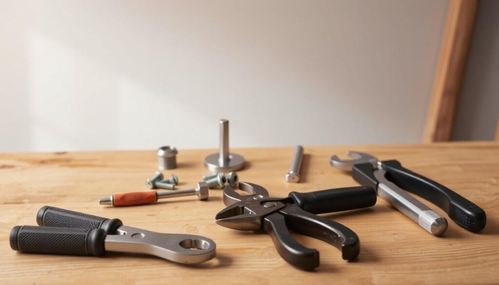 A well-organized assortment of tools for changing a door handle, neatly arranged on a wooden workbench. In the foreground, a screwdriver, pliers, and a wrench sit alongside the old handle. In the middle ground, a new handle and mounting hardware stand ready. The background features a clean, minimalist environment with neutral tones, casting a warm, diffused lighting on the scene. The overall mood is one of utility and purpose, conveying the practical nature of this home improvement task. A well-organized assortment of tools for changing a door handle, neatly arranged on a wooden workbench. In the foreground, a screwdriver, pliers, and a wrench sit alongside the old handle. In the middle ground, a new handle and mounting hardware stand ready. The background features a clean, minimalist environment with neutral tones, casting a warm, diffused lighting on the scene. The overall mood is one of utility and purpose, conveying the practical nature of this home improvement task.
