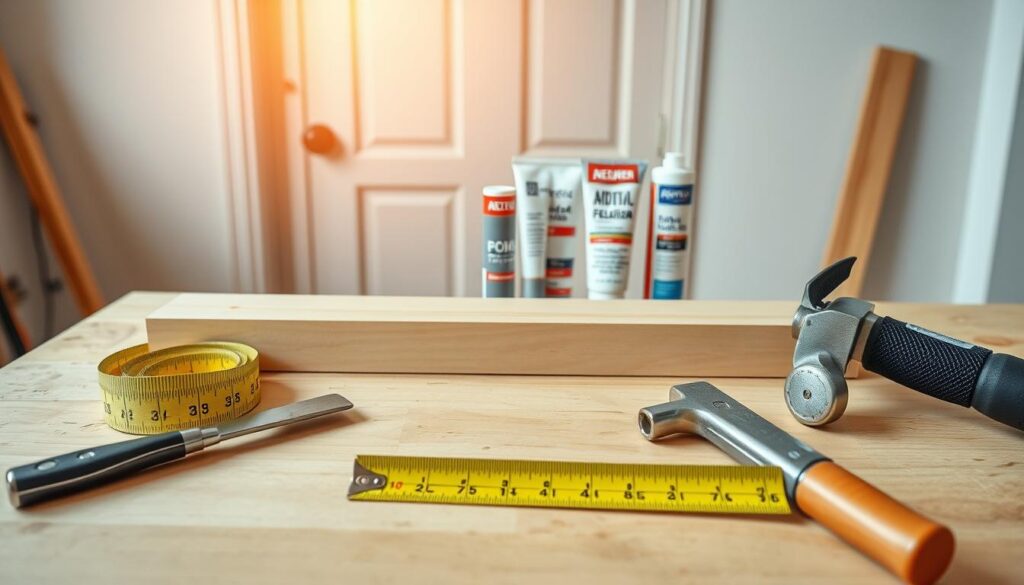 A well-organized workbench with a selection of tools and materials for installing a door threshold. In the foreground, a tape measure, a chisel, and a hammer lie neatly arranged. In the middle ground, a wooden door threshold, adhesive, and sealant tubes create a cohesive display. The background features a neutral, clean-lined interior, with warm, natural lighting illuminating the scene. The overall composition conveys a sense of preparation and attention to detail, capturing the essence of the "Przygotowanie do montażu progu – materiały i narzędzia" section. A well-organized workbench with a selection of tools and materials for installing a door threshold. In the foreground, a tape measure, a chisel, and a hammer lie neatly arranged. In the middle ground, a wooden door threshold, adhesive, and sealant tubes create a cohesive display. The background features a neutral, clean-lined interior, with warm, natural lighting illuminating the scene. The overall composition conveys a sense of preparation and attention to detail, capturing the essence of the "Przygotowanie do montażu progu – materiały i narzędzia" section.