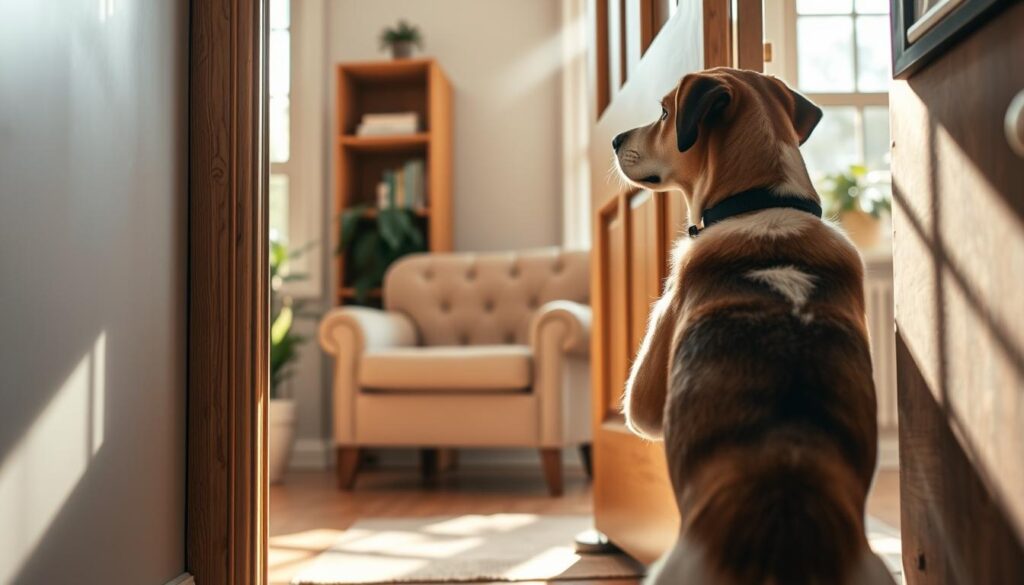 A well-trained, attentive dog stands in a cozy living room, intently focused on the wooden door frame. Sunlight streams in through nearby windows, casting a warm, inviting glow. The dog's posture is alert, but not aggressive, as it examines the door, considering whether to scratch. In the background, a plush armchair and potted plants create a sense of domestic tranquility. The scene conveys the need to gently discourage the dog's natural instinct to scratch, while maintaining a calm, positive environment. A well-trained, attentive dog stands in a cozy living room, intently focused on the wooden door frame. Sunlight streams in through nearby windows, casting a warm, inviting glow. The dog's posture is alert, but not aggressive, as it examines the door, considering whether to scratch. In the background, a plush armchair and potted plants create a sense of domestic tranquility. The scene conveys the need to gently discourage the dog's natural instinct to scratch, while maintaining a calm, positive environment.