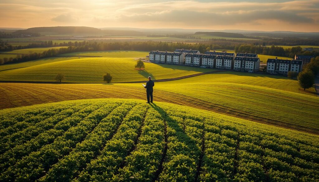 A wide, bird's-eye view of a rolling, verdant agricultural landscape. In the foreground, a sprawling plot of fertile farmland, its soil rich and dark. In the middle ground, a government official stands, clipboard in hand, examining the land. Warm, golden sunlight filters through wispy clouds, casting a contemplative mood. In the background, a series of bureaucratic buildings, their windows glinting, representing the administrative process of transitioning this agricultural parcel to residential zoning. The scene conveys the careful, methodical procedures involved in the "czas procedury odrolnienia" - the time-consuming process of converting farmland to buildable lots.