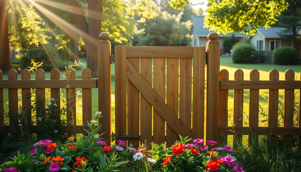 A wooden fence gate standing in a lush, verdant garden. The gate is made of sturdy wooden planks, with a simple, rustic design that complements the natural surroundings. Sunlight filters through the trees, casting a warm, golden glow over the scene. The gate is partially open, inviting exploration beyond the property line. In the foreground, a well-tended garden bed of vibrant flowers and greenery adds a touch of color and life to the composition. The background features a neatly trimmed lawn, with a glimpse of a nearby building or shed in the distance, suggesting a cozy, residential setting. The overall mood is one of tranquility and a sense of privacy, reflecting the desire to create a secure and inviting entryway to one's own slice of nature. A wooden fence gate standing in a lush, verdant garden. The gate is made of sturdy wooden planks, with a simple, rustic design that complements the natural surroundings. Sunlight filters through the trees, casting a warm, golden glow over the scene. The gate is partially open, inviting exploration beyond the property line. In the foreground, a well-tended garden bed of vibrant flowers and greenery adds a touch of color and life to the composition. The background features a neatly trimmed lawn, with a glimpse of a nearby building or shed in the distance, suggesting a cozy, residential setting. The overall mood is one of tranquility and a sense of privacy, reflecting the desire to create a secure and inviting entryway to one's own slice of nature.