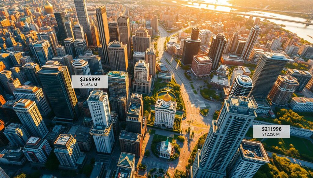 Detailed aerial view of major urban centers, showcasing the current land prices per square meter for prime residential real estate lots. Vibrant cityscape with towering skyscrapers, bustling streets, and thriving commercial districts. Warm, golden sunlight illuminates the dynamic scene, highlighting the prime locations and their corresponding price tags. Meticulously rendered architectural elements, including modern high-rises, historical landmarks, and verdant parks, all contributing to the sense of scale and grandeur. The image conveys the intensity of the real estate market, the competition for limited space, and the steep costs associated with acquiring prime development sites in these thriving metropolitan areas.