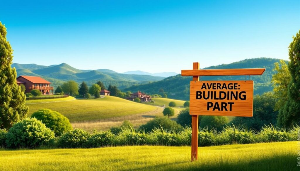 Detailed illustration of an average-sized residential building plot, with a well-manicured lawn, lush foliage, and a warm, inviting atmosphere. The plot is set against a backdrop of rolling hills and a clear blue sky, bathed in soft, natural light. In the foreground, a wooden "For Sale" sign stands, providing context and scale. The image captures the essence of a desirable, suburban building lot, suitable for constructing a single-family home or a multi-unit residential development. Realistic textures, balanced composition, and a sense of depth and perspective create a visually compelling representation of the average cost of a building plot.