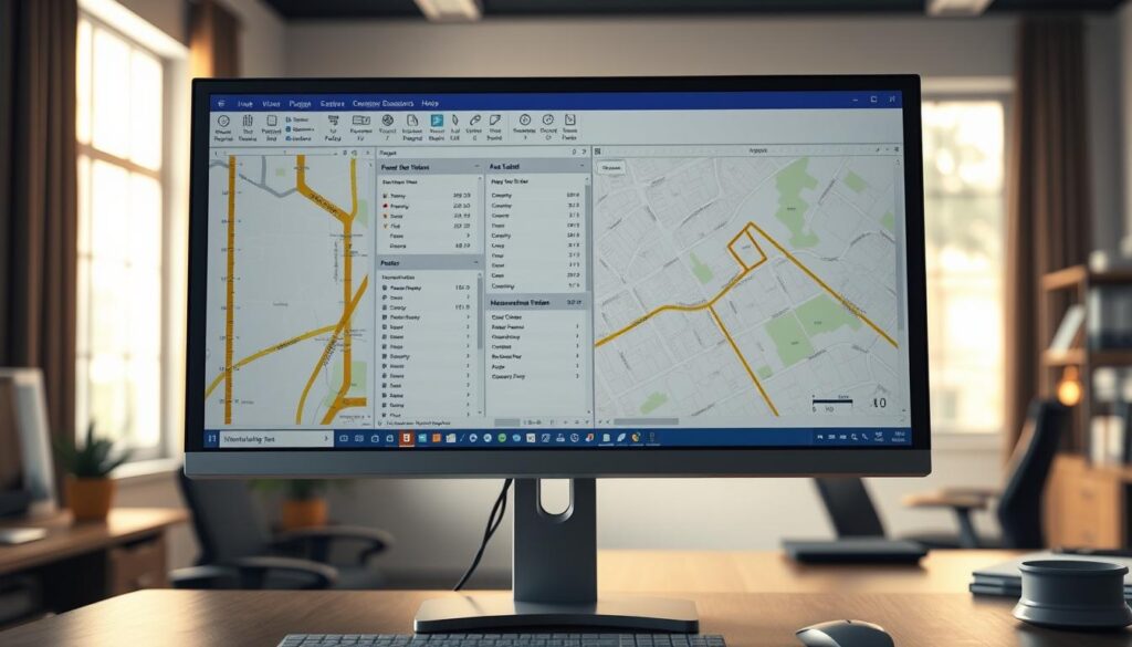 Detailed rendering of a computer screen displaying a GIS (Geographic Information System) software interface. The foreground shows a map view with various measurement tools active, including a ruler, distance calculator, and area measurement tools. The middle ground features a panel with data tables, property information, and coordinate readouts. The background depicts a realistic office environment with a desk, chair, and other office accessories, all bathed in soft, warm lighting from a nearby window.