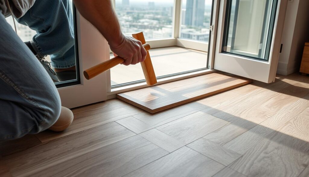 Detailed shot of a homeowner installing laminate or vinyl flooring panels along the edge of a glass balcony door. The foreground shows the person's hands carefully aligning and securing the panels, using a rubber mallet and knee pads for comfort. The middle ground reveals the partially installed flooring, with the panels seamlessly transitioning from the room to the door frame. The background showcases the balcony and cityscape outside, providing natural lighting and a sense of scale. The scene conveys a focused, precise, and methodical installation process, with attention to detail and craftsmanship.