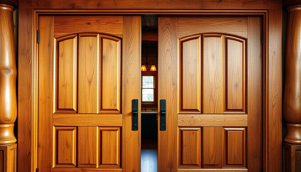 Detailed wooden doors in a warm, rustic setting. A well-crafted, custom-made pair of wooden entry doors, their sturdy frames and intricate panels illuminated by soft, natural lighting. The grain of the wood is prominently featured, showcasing the unique patterns and textures. The doors are set against a backdrop of a cozy, inviting interior, hinting at the care and attention to detail that went into their design and construction. The overall scene conveys a sense of quality, craftsmanship, and the bespoke nature of custom-fitted wooden doors.