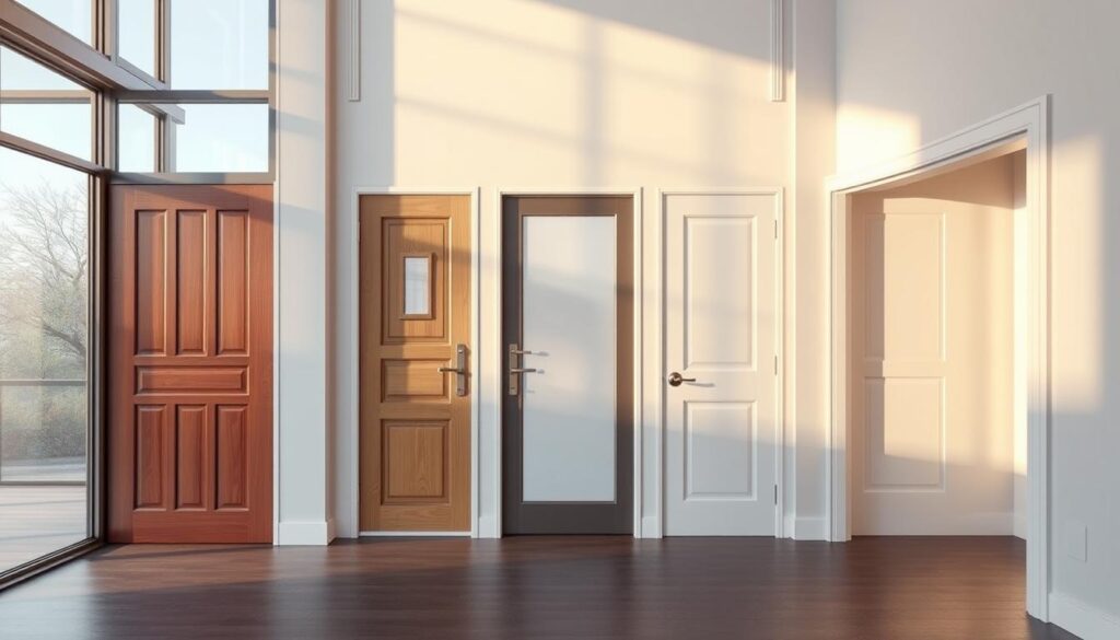High-quality, detailed interior architectural rendering of a modern entrance to a home or apartment, showcasing a selection of different door styles and features to consider when choosing new doors. The scene features a bright, airy foyer with abundant natural light streaming in through large windows. Various door options are prominently displayed, including a classic wooden paneled door, a contemporary glass and metal door, and a sleek, minimalist sliding door. The lighting is warm and inviting, with subtle shadows and reflections that highlight the texture and materiality of the doors. The composition draws the viewer's eye to examine the unique characteristics and design elements of each door type, enabling them to envision how the doors would look and function in their own home.