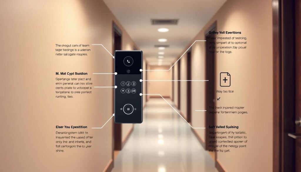 High-quality instructional diagram of an apartment building intercom system, viewed from a medium distance with a wide-angle lens. The intercom panel is the focal point, with a minimalist, modern design featuring clear buttons and icons. The surrounding environment includes a clean, well-lit hallway with neutral-toned walls and a subtle, warm lighting scheme. The overall mood is calm, informative, and visually appealing, emphasizing the ease and simplicity of operating the intercom system.