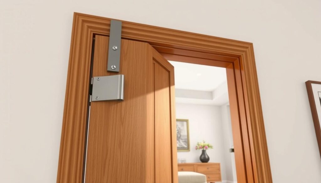 Interior doors opening - a detailed illustration showcasing the best ways to open doors in rooms. A well-lit, high-angle view of a modern wooden interior door, partially open, revealing a glimpse of the room beyond. The door's hinges and hardware are prominently featured, highlighting the mechanics of the opening mechanism. The door's frame and trim are visible, providing context and scale. The room's decor is subtly suggested in the background, creating a cohesive scene. Lighting is soft and natural, with highlights on the door's surface textures. The overall mood is informative and functional, suitable for an instructional article on door opening guidelines.