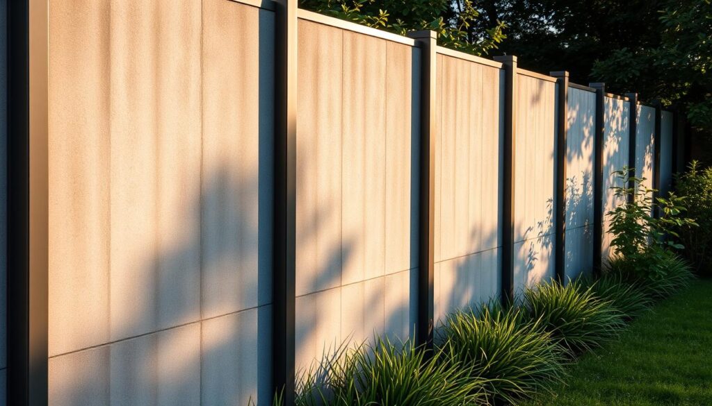 Panel ogrodzeniowy: a sturdy, rectangular concrete fence panel with a subtle, textured surface, framed by sleek, powder-coated metal posts. The panels are arranged in a seamless, parallel grid, casting crisp shadows that accentuate their linear design. Warm, directional sunlight filters through the panels, creating a play of light and shadow that gives the fence an inviting, naturalistic feel. The fence is situated in a lush, verdant garden, its neutral tones complementing the surrounding greenery. An air of tranquility and privacy pervades the scene, making this panel ogrodzeniowy an elegant, practical solution for establishing boundaries while enhancing the aesthetic appeal of the outdoor space.