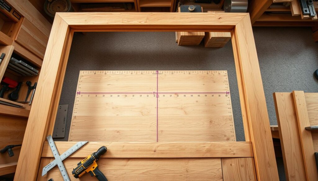 Prepare the door frame: a detailed overhead view of a rustic wooden door frame being assembled, with precise measurements and tools visible. The frame is made of sturdy oak boards, their natural grain and texture prominent. In the foreground, various carpentry tools such as a saw, hammer, and drill are neatly arranged, conveying a sense of skilled craftsmanship. The middle ground shows the frame's components being carefully fitted together, revealing the intricate joinery techniques. The background depicts a cozy, well-lit workshop environment, with wooden shelves and workbenches suggesting a dedicated space for this traditional building process. The overall atmosphere is one of focused, methodical preparation for a sturdy, long-lasting barn door.