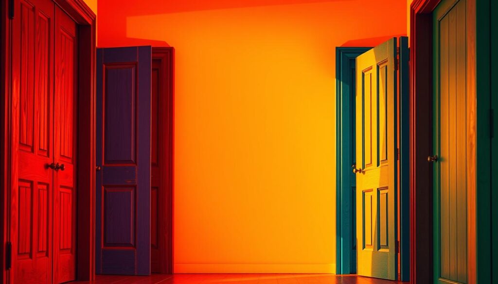 Vivid, intensely colored wooden doors standing tall against a soft, pastel-hued backdrop. Warm lighting casts a golden glow, highlighting the intricate grain and smooth surface. The doors command attention, their vibrant shades of red, blue, and green creating a striking visual contrast. A sense of depth and perspective draws the viewer in, inviting them to explore the interplay of bold and delicate tones. The scene exudes a sense of warmth, energy, and an invitation to step through the thresholds into a world of color and possibility.