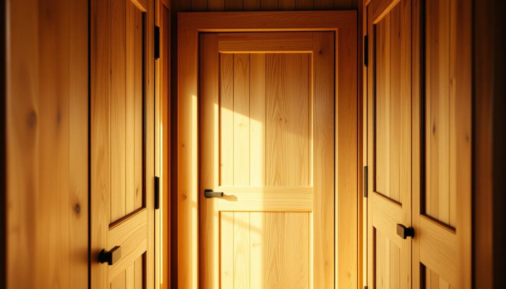 wooden interior doors with natural wood grain, traditional craftsman style, close-up view of door frame and panels, warm lighting from side illumination, soft focus on details, rustic and cozy atmosphere, high-quality construction, wooden dowel joinery, slightly distressed finish, floor-to-ceiling perspective, minimalist and elegant design