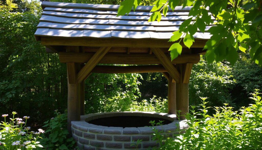 A charming, rustic well cover nestled in a lush, verdant garden. The wooden canopy casts gentle shadows, its weathered beams and shingled roof evoking a timeless, pastoral aesthetic. The well itself is partially obscured, hinting at its functional purpose while inviting the viewer to imagine the cool, refreshing water within. Dappled sunlight filters through the surrounding foliage, creating a warm, inviting atmosphere. The overall scene conveys the important practical and aesthetic role a well cover plays in a traditional, countryside garden setting.