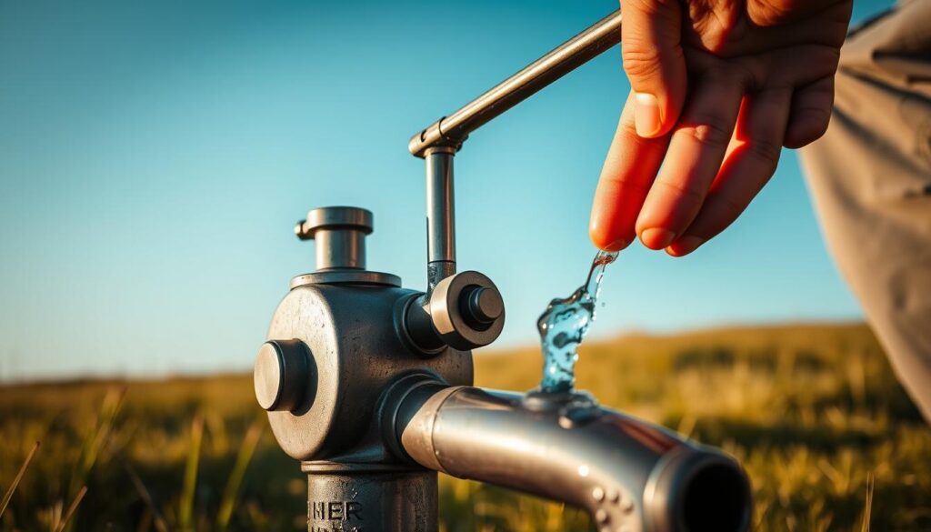 A close-up view of a hand-operated water pump, highlighting its key components and mechanisms. The pump is situated on a grassy field, with a clear blue sky in the background. The lighting is natural and warm, casting subtle shadows that emphasize the pump's intricate details. The image showcases the pump's ergonomic design, sturdy construction, and the user's hand operating the lever, conveying the simplicity and efficiency of this type of water-drawing equipment. The scene evokes a sense of rural tranquility and the practical application of this type of manual water pump.