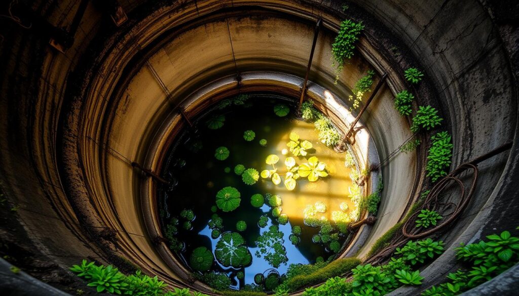 A deep, circular well dug into the earth, its sturdy concrete walls and steel reinforcements visible. Sunlight streams in through the opening, illuminating the clear, still water below. Lush, verdant plants and mosses cling to the wet surfaces, adding a touch of natural beauty to the utilitarian structure. The well's circular shape creates a sense of tranquility, hinting at the hidden aquifer beneath the surface. This is a "studnia kręgowa" – a unique and efficient groundwater extraction system, showcasing the ingenuity of engineering and the harmonious integration of nature.