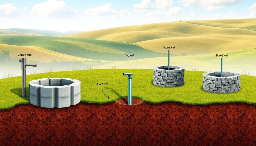 A detailed illustration of various well types, showcased in a realistic, well-lit scene. In the foreground, a concrete ring well, a dug well, and a driven well stand prominently, their construction methods and applications clearly visible. In the middle ground, a stone-lined artesian well and a bored well are depicted, highlighting their unique characteristics. The background features a serene rural landscape, with rolling hills and a clear sky, providing context for the different well types. The image captures the diversity of well designs and their suitability for diverse environments and needs, serving as a comprehensive visual reference for the "Rodzaje studni i ich zastosowanie" section. A detailed illustration of various well types, showcased in a realistic, well-lit scene. In the foreground, a concrete ring well, a dug well, and a driven well stand prominently, their construction methods and applications clearly visible. In the middle ground, a stone-lined artesian well and a bored well are depicted, highlighting their unique characteristics. The background features a serene rural landscape, with rolling hills and a clear sky, providing context for the different well types. The image captures the diversity of well designs and their suitability for diverse environments and needs, serving as a comprehensive visual reference for the "Rodzaje studni i ich zastosowanie" section.