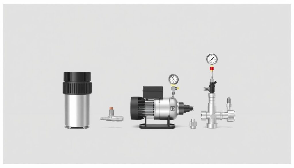 A detailed, technical illustration of the essential components of a complete hydrofoil system. Showcased against a clean, minimalist background, the foreground features the core elements - a water pump, pressure tank, pressure switch, and associated plumbing fittings - arranged with precision to highlight their functional relationships. The middle ground includes secondary accessories like a pressure gauge and flow control valve, while the background subtly suggests the system's integration within a well system setup. Crisp, even lighting accentuates the metallic finishes and conveys an authoritative, engineering-focused aesthetic suitable for technical documentation.