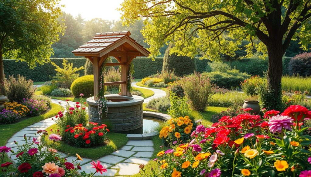 A lush, well-tended ornamental garden with a charming, rustic stone well as the central feature. The well is adorned with delicate vines and cascading flowers, casting a warm, inviting glow under the soft, diffused sunlight filtering through the canopy of nearby trees. The foreground is filled with an array of vibrant, colorful blooms, drawing the eye towards the tranquil, reflecting pool of the well. In the middle ground, a meandering stone path leads visitors through the serene landscape, while the background is framed by a verdant, verdant backdrop of mature trees and shrubs. The overall scene evokes a sense of peaceful, natural harmony, highlighting the beauty and utility of an ornamental well in a lush, idyllic garden setting.