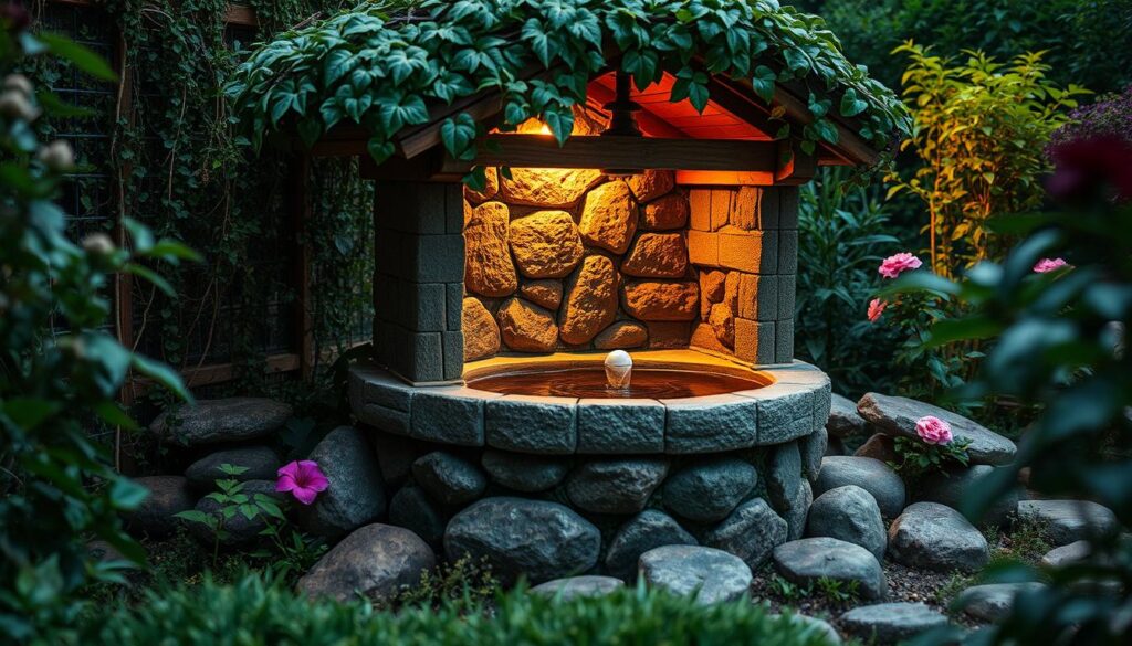 A meticulously crafted decorative well, nestled amidst a lush, verdant garden. The well's exterior is elegantly masked by a captivating arrangement of natural elements - cascading vines, flowering plants, and strategically placed rocks. Soft, warm lighting emanates from within, casting a gentle glow and creating a serene, inviting atmosphere. The scene is captured from a low, slightly angled perspective, highlighting the well's harmonious integration into the garden's tranquil ambiance. Textural details and rich, vibrant colors bring the image to life, seamlessly blending the well's functional purpose with its aesthetic appeal.