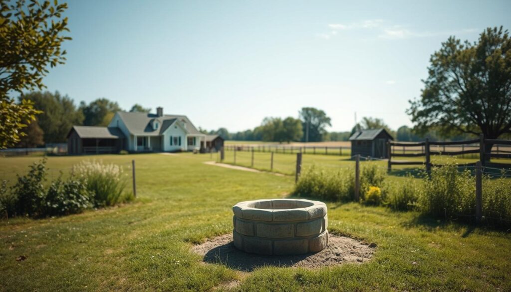 A serene rural landscape, a well-situated in the foreground, surrounded by lush greenery and a clear blue sky. The well is positioned at a safe distance from nearby structures, such as a quaint farmhouse, a wooden shed, and a fence line, in accordance with local regulations. Soft, natural lighting illuminates the scene, casting gentle shadows and creating a sense of tranquility. The camera angle is slightly elevated, providing a comprehensive view of the well's placement within the overall property layout. The composition emphasizes the importance of proper well placement for safety and environmental considerations. A serene rural landscape, a well-situated in the foreground, surrounded by lush greenery and a clear blue sky. The well is positioned at a safe distance from nearby structures, such as a quaint farmhouse, a wooden shed, and a fence line, in accordance with local regulations. Soft, natural lighting illuminates the scene, casting gentle shadows and creating a sense of tranquility. The camera angle is slightly elevated, providing a comprehensive view of the well's placement within the overall property layout. The composition emphasizes the importance of proper well placement for safety and environmental considerations.