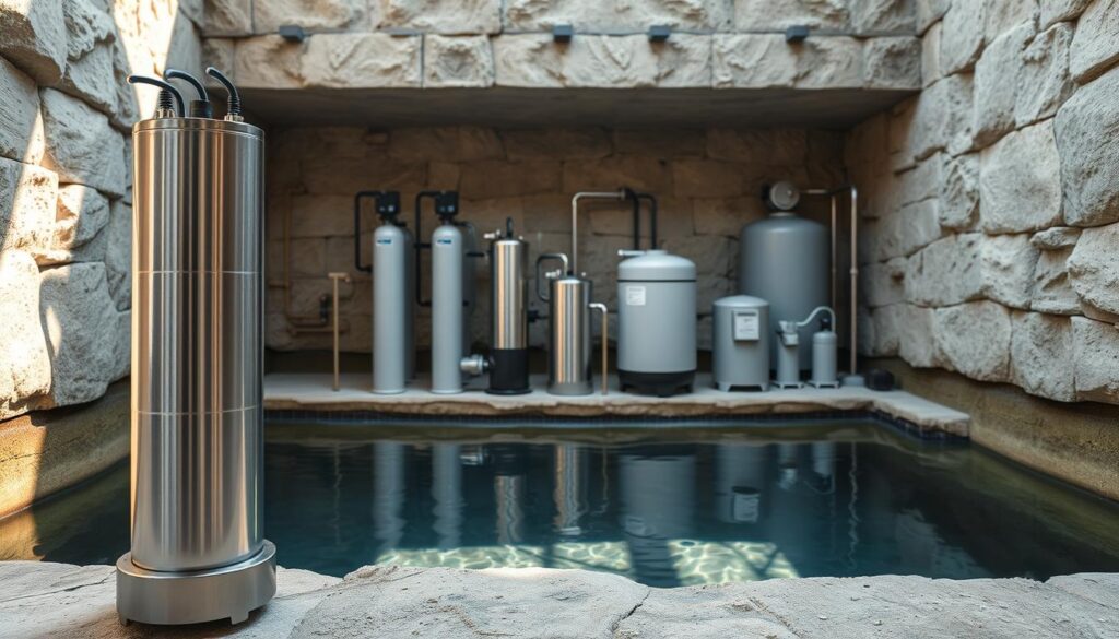 A sleek, modern well pump standing prominently in the foreground, its stainless steel casing gleaming under soft, natural lighting. In the middle ground, an array of high-efficiency water filtration systems and pressure tanks, all neatly arranged. The background features a serene, underground well chamber, its walls lined with weathered stone and a shallow pool of crystal-clear groundwater. The overall scene conveys a sense of efficiency, reliability, and environmental harmony - the perfect illustration of the "Top Picks for 2025" in well pumps.