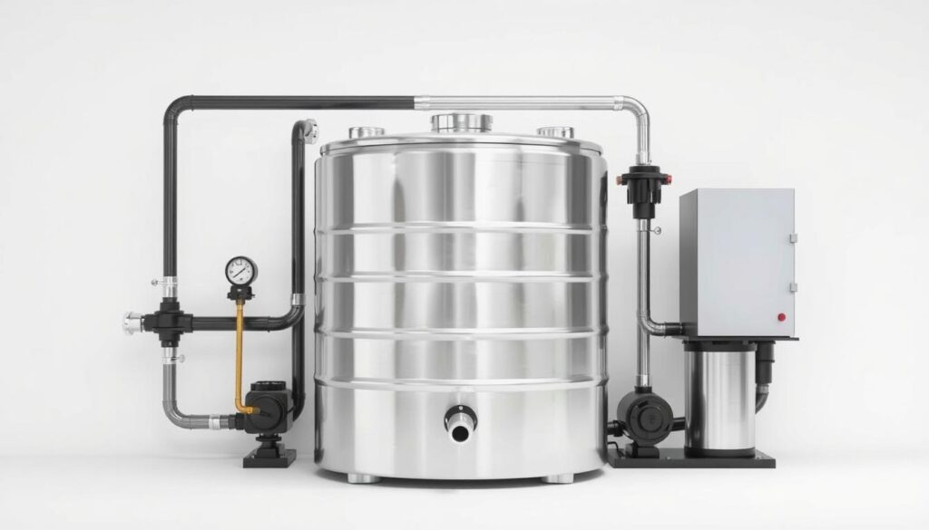 A sleek, modern well pump system set against a clean, minimalist background. The hydrofor, or pressure tank, takes center stage, its stainless steel casing gleaming under soft, directional lighting. Intricate details like pressure gauges and water inlet/outlet fittings are clearly visible, showcasing the system's quality engineering. The layout is balanced, with the hydrofor flanked by ancillary components like the water filter and control panel, all neatly arranged for easy maintenance. The overall impression is one of efficiency, reliability, and high-end performance - the best well pump setup for a residential borehole.