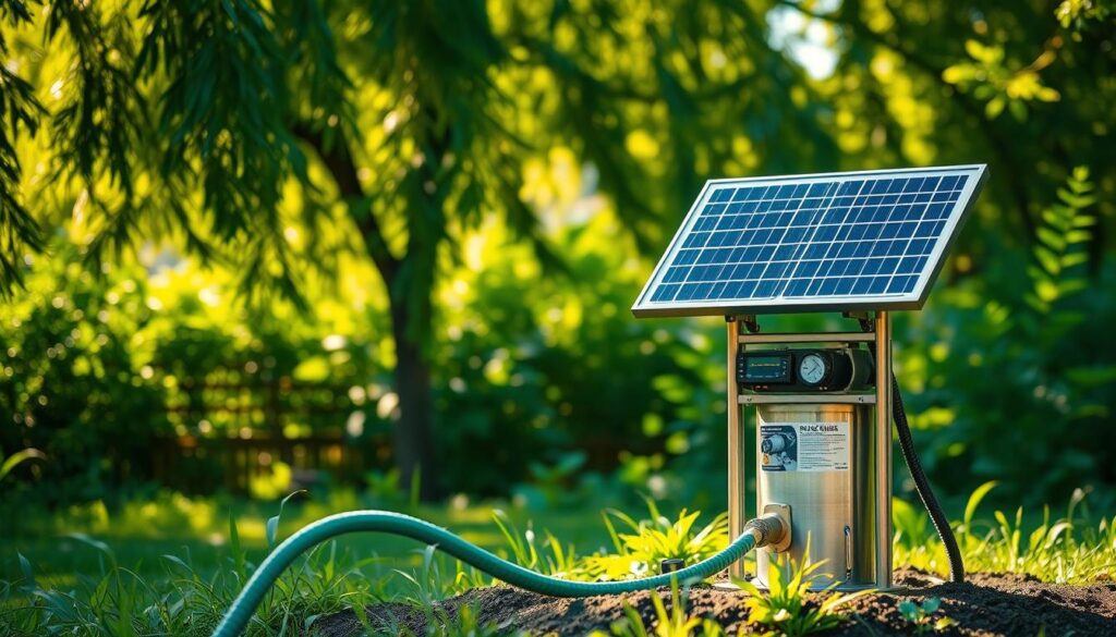 A solar-powered water pump standing in a lush, verdant garden. The pump's sleek, modern design features solar panels atop a sturdy metal frame, casting a warm, ambient glow. In the foreground, the pump's water intake hose snakes through the soil, drawing up water from a nearby well. Sunlight filters through swaying trees, creating a tranquil, natural atmosphere. The pump's controls and gauges are easily accessible, allowing for precise monitoring and adjustment. The overall scene conveys a sense of eco-friendly efficiency and self-sufficiency, perfectly suited for powering a home's water needs.
